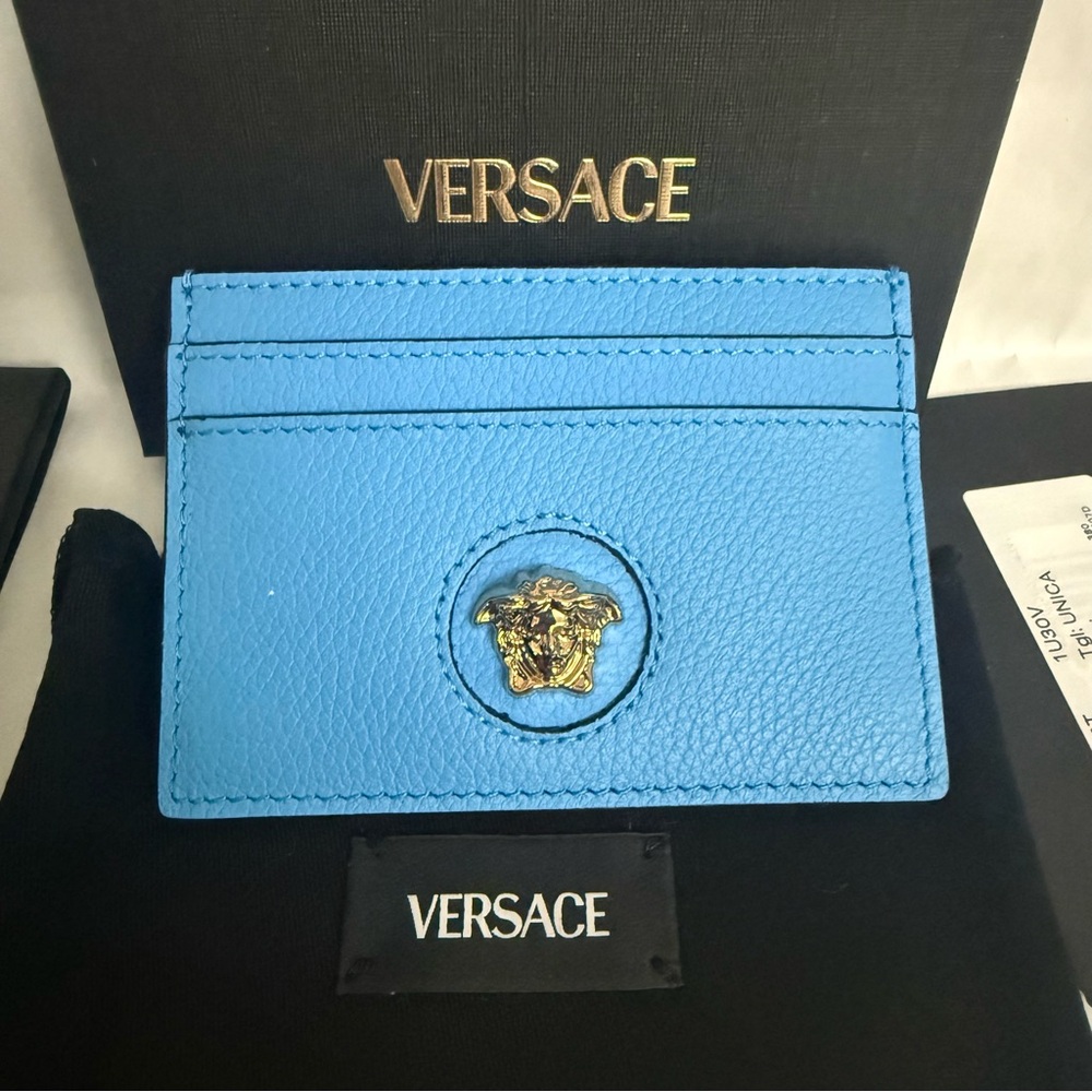 NWT Versace La Medusa Azure Blue Leather Card Holder Wallet